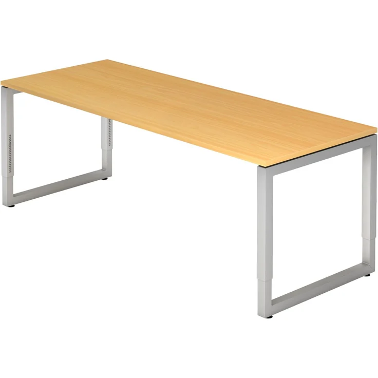 bümö höhenverstellbarer Schreibtisch R-Serie 200x80 cm in Buche, Gestell in Silber - großer PC Tisch für's Büro manuell höhenverstellbar, Computertisch verstellbar, RS-20-6-S – Bild 1
