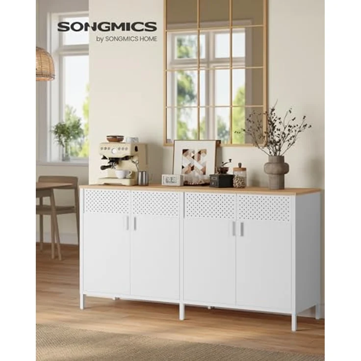 SONGMICS Aufbewahrungsschrank, Metallschrank, mit 4 Türen, Magnetverschluss, Verstellbarer Einlegeboden, Stahlgestell, 40 x 141 x 76 cm, wolkenweiß-eichenbeige LSC205WC01 – Bild 3