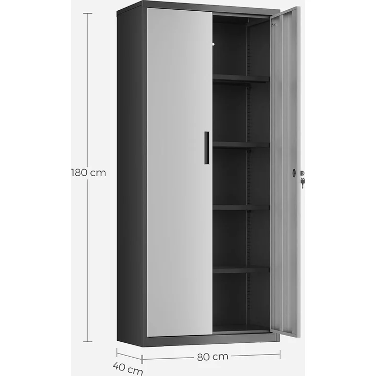 Songmics Aktenschrank, Mehrzweckschrank, Stahl-Aufbewahrungsschrank, 5 Ebenen, Doppeltüren, Schloss, Werkzeugschrank, verstellbare Ablagen, Garage, Büro, Wohnzimmer, silbern-schwarz OMC015S01 – Bild 3