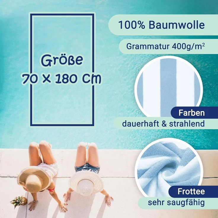 ZOLLNER 2er Set Strandtücher, strapazierfähige und saugstarke Badetücher in 70x180 cm, 100% Baumwolle, hellblau – Bild 3