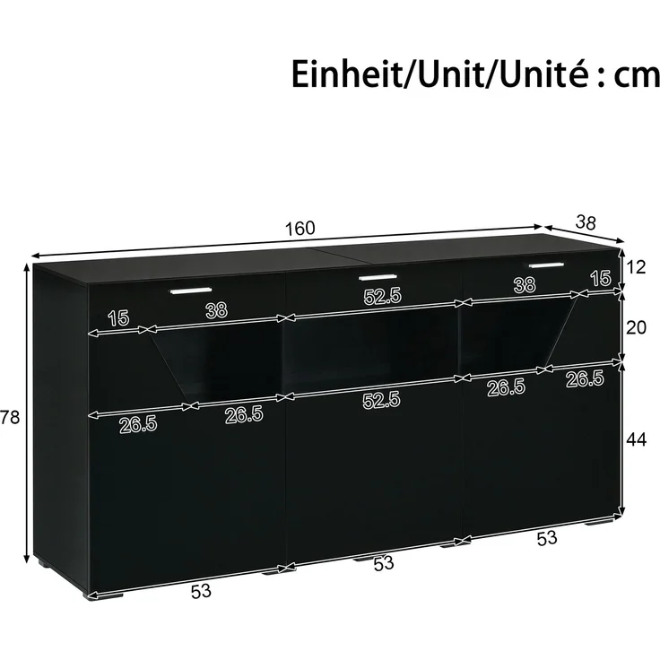 ZUBALIYA Sideboard 160x38x78 cm, mit LED-Beleuchtung, Hochglanz, mit 3 Türen, aus Spanplatte, Schwarz – Bild 4