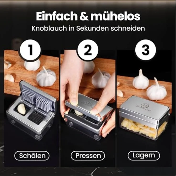 Knoblauchschneider Deluxe, Knoblauchschneider Deluxe, Edelstahl, 2-in-1 Hacker & Slicer mit Behälter – Bild 2