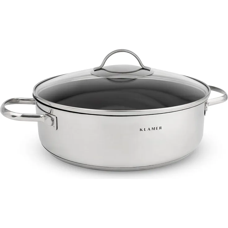 KLAMER Servierpfanne mit Deckel 28cm Induktion, antihaftbeschichteter Edelstahl Schmortopf…, Energiesparend, Güteglasdeckel, tropffrei abgießen