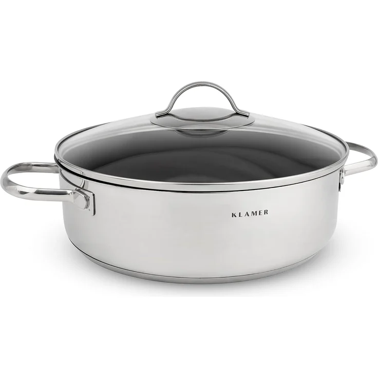 KLAMER Servierpfanne mit Deckel 28cm Induktion, antihaftbeschichteter Edelstahl Schmortopf…, Energiesparend, Güteglasdeckel, tropffrei abgießen – Bild 1