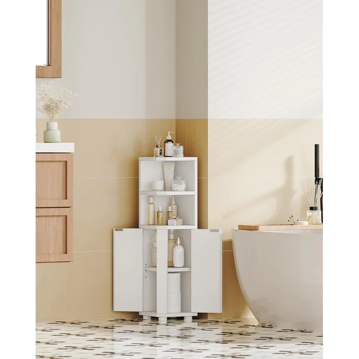 Badezimmerschrank, Eckschrank Badschrank, Toilettenschrank mit verstellbare Ablagen, 2 Seitentüren, schmales Badregal, einfache Montage, 20 x 20 x 79 cm, weiß