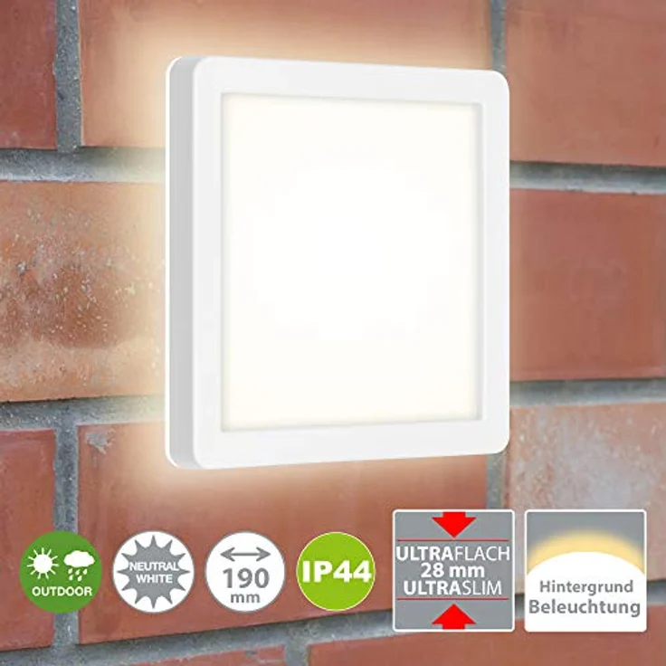 BRILONER LED Wandlampe, flach, mit indirektem Licht, neutralweiß, IP44, 8 Watt, 1200 Lumen, 19x19x2,8 cm, Weiß – Bild 2