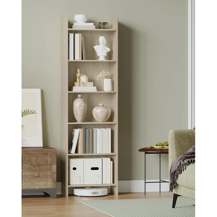 Bücherregal, Regal, Standregal, Büroregal, mit 6 Fächern, offen, für Wohnzimmer, Arbeitszimmer, Büro, als Raumteiler, 24 x 48 x 170 cm, Eichenbeige – Bild 1