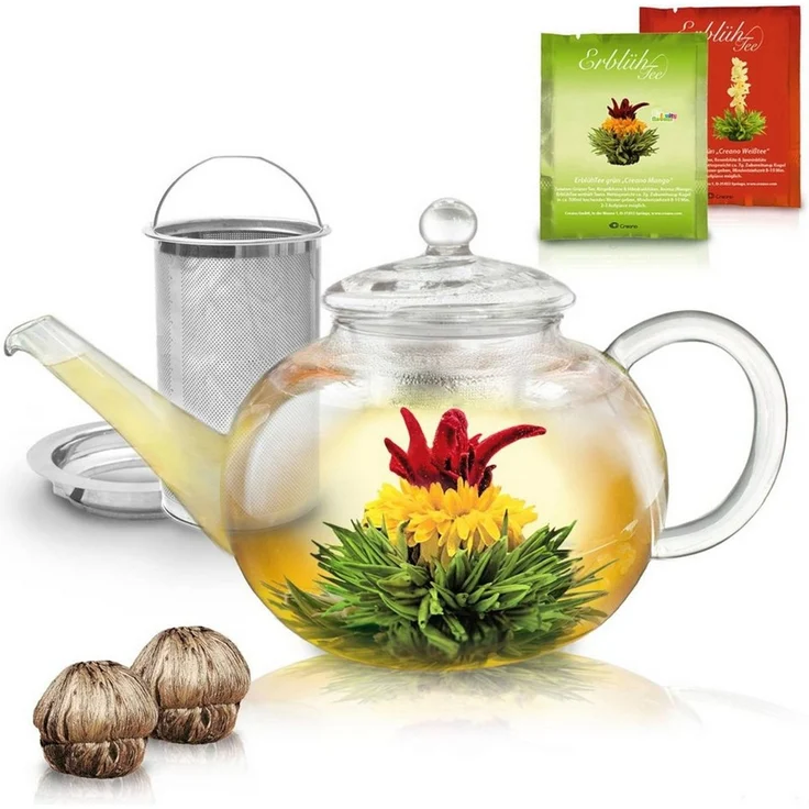 Creano Teekanne Teekanne aus Glas 1,2l - 2 Teeblumen - mit Edelstahl-Sieb und Deckel – Bild 1