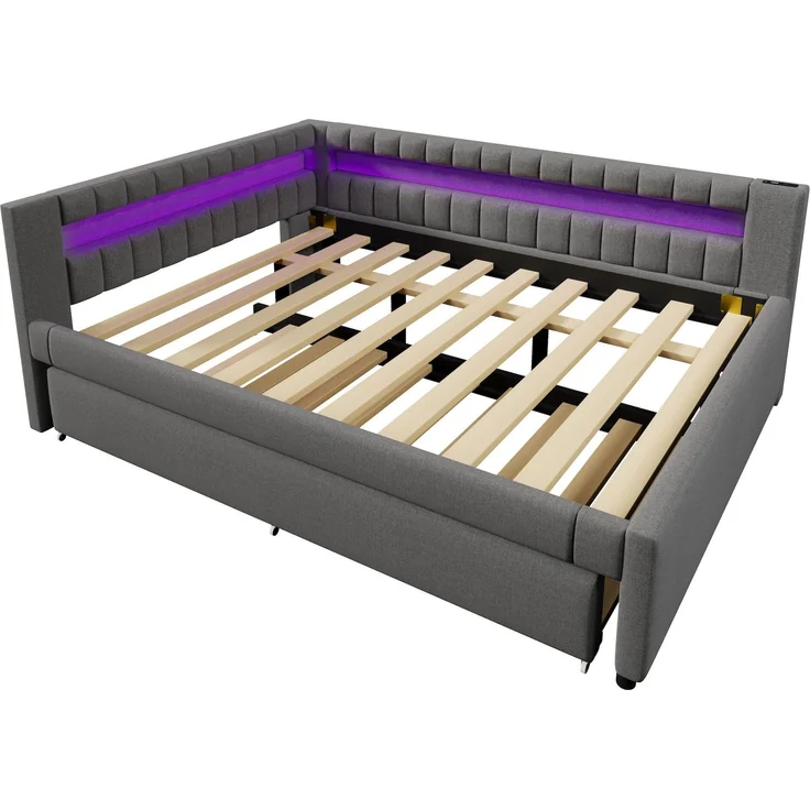 Polsterbett mit Lattenrost, Gästebett, USB und Type-C Anschlüssen, 140x200cm, Schlafsofa, Doppelbett, Leinen – Bild 7