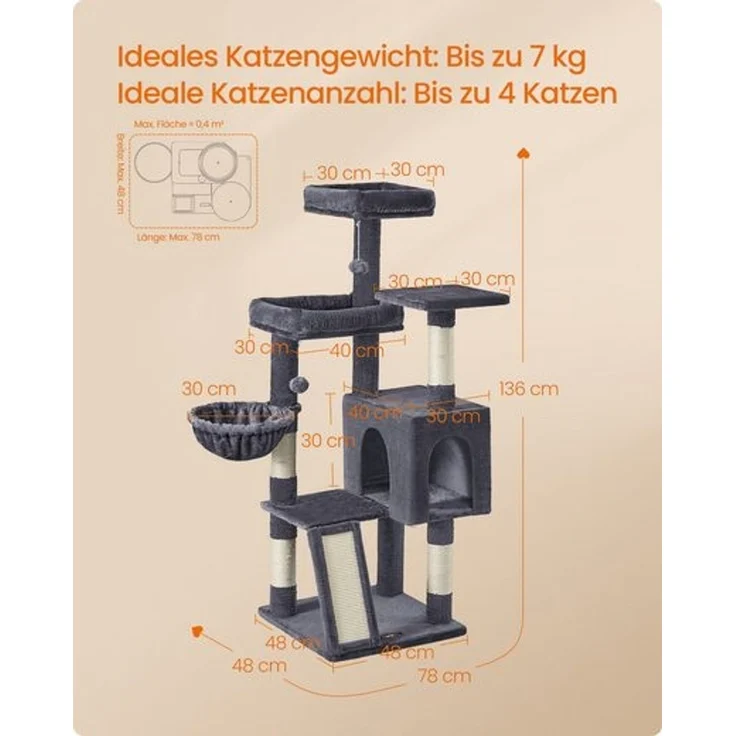 FEANDREA Kletterbaum mehrstufig, mit Rampe, Kratzsäulen, 3 Plattformen, Höhle, Korb, 2 Bällen, 136 cm hoch, dunkelgrau – Bild 5