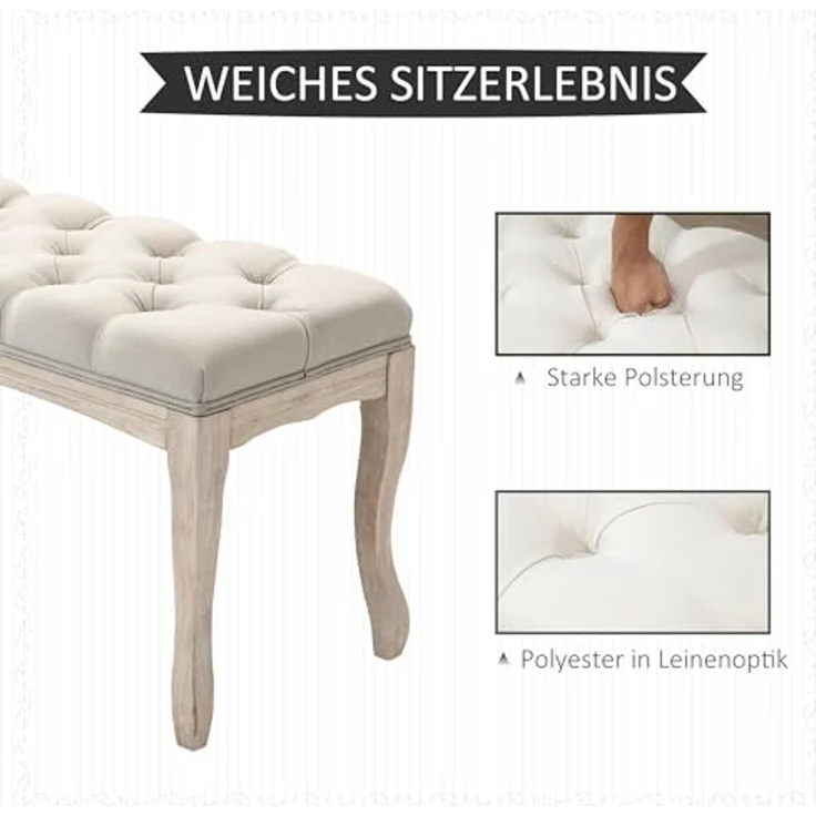 HOMCOM Sitzbank (Set, 1-St, Bettbank), Polsterbank Schuhbank Vintage Gummiholz Leinen Beige – Bild 4