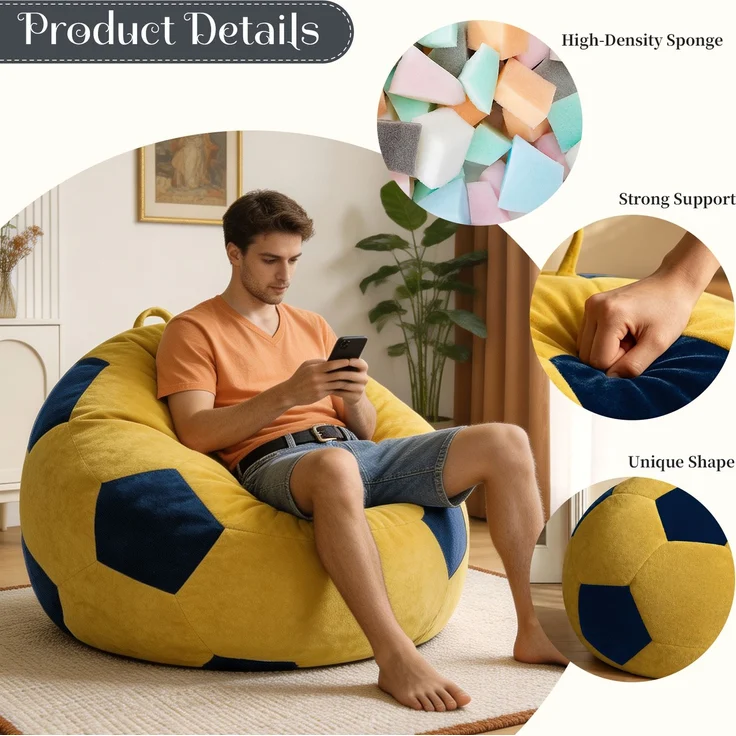 Kleiner, fußballförmiger Sitzsack, mehrfarbige Ziernähte, großer Sitzsack, bequemes Sofa zum Entspannen im Schlafzimmer, Wohnzimmer, Leseecke, Lounge-Sessel für Erwachsene und Jugendliche – Blau + Gelb – 48 x 38 x 21 cm – YOUDENOVA – Bild 3