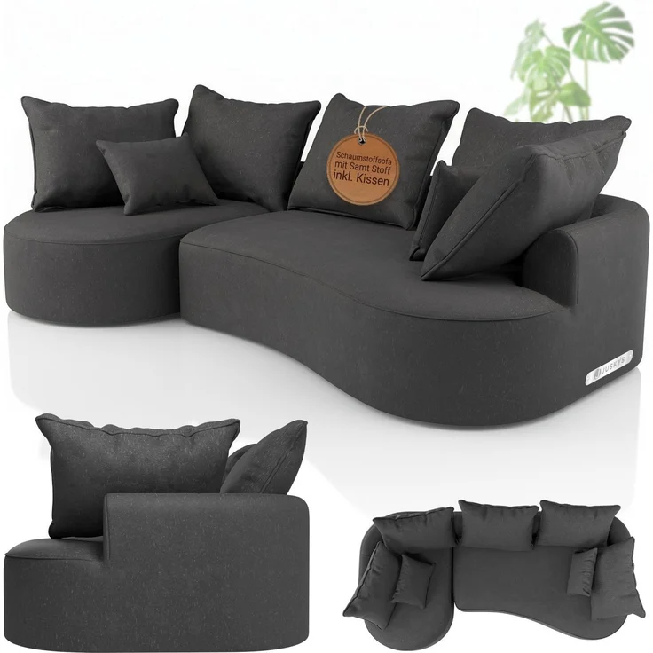 Juskys Sofa Tirano - Samt Dunkelgrau , Ecksofa mit L-Form, mit Rücken- & Dekokissen, 4-Sitzer Eckcouch, Schaumstoff - Ottomane links – Bild 1