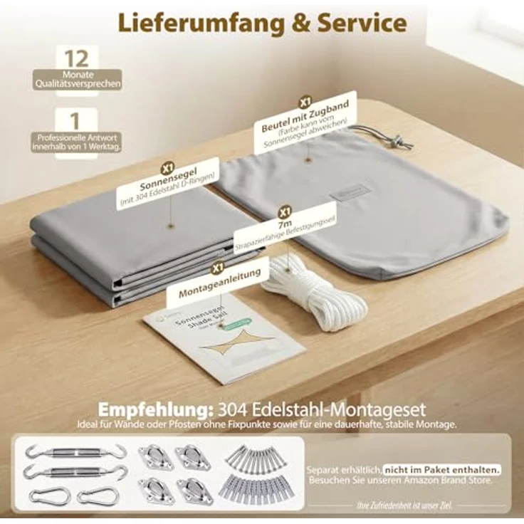 Sekey Sonnensegel Wasserdicht 2x3 m Rechteckig – ohne Mittelnaht, hochdichtes PES 160g/m², mit Edelstahl-Ringen & Lotus-Effekt, reißfest & 95% UV-Schutz, für Balkon Terrasse Garten, Hellgrau – Bild 7
