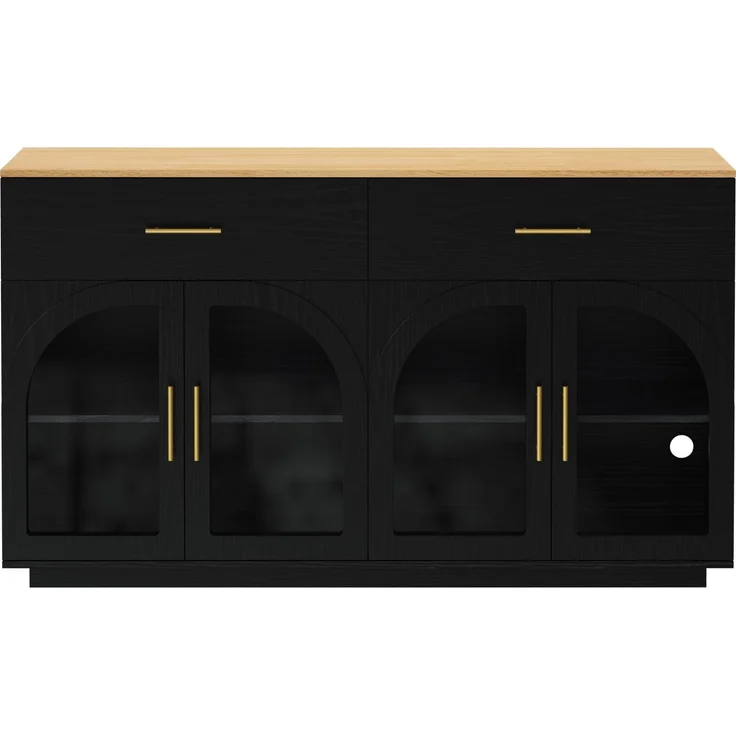 Küchensideboard 147 x 40 x 86 cm mit LED-Beleuchtung, 2 Schubladen und 4 Türen – Schwarz und Natur – Bild 6