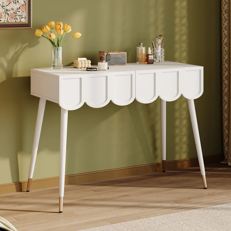 Schminktisch, Frisiertisch, mit 2 Schubladen, Metallfüße, weiß, Maße: B100 × T40× H76 cm--Weiß--100x40x76cm--YOUDENOVA – Bild 8