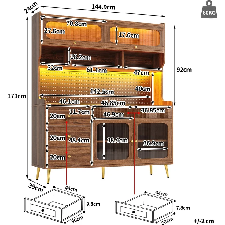 ZUBALIYA LED-Küchenschrank 145x39x171 cm, mit App-Steuerung, mit Stauraum, MDF/Glas, Nussbaum – Bild 7