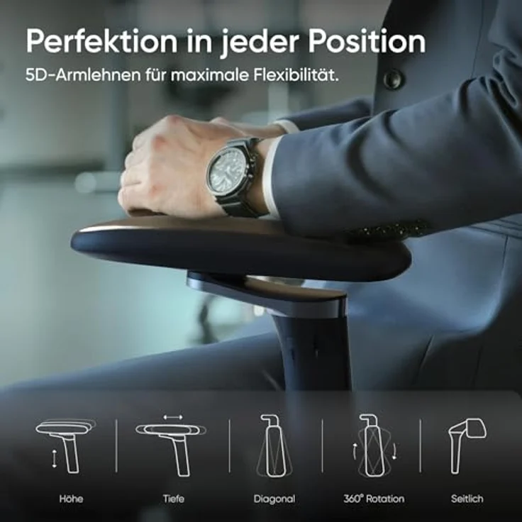 DESKSPACE® Move Pro Ergonomischer Bürostuhl mit intelligenter Lordosenstütze, 3-stufiger Neigung, höhenverstellbarer Rückenlehne, atmungsaktivem Netzgewebe, für bis zu 150 kg (Schwarz) – Bild 4