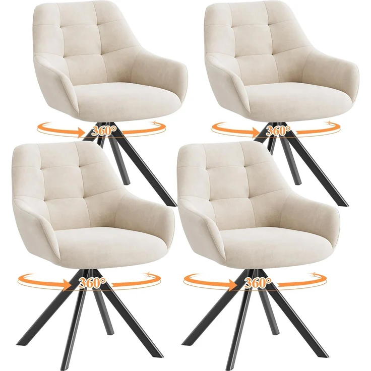COLAMY Drehbare Esszimmerstühle 4er Set, Esszimmerstühle Drehbar mit Armlehne, Armlehnstuhl Drehbar mit Rückenlehne für Esszimmer, Stühle aus Weichem Florstoff mit Metallgestell für Küche, Beige