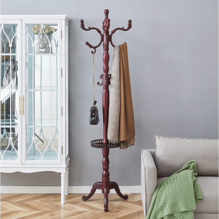 Kleiderständer 195 cm hoch, Ø 31 cm, Standfuß 48 cm – Massivholz in Nussbaumoptik mit mehreren Haken – Bild 2