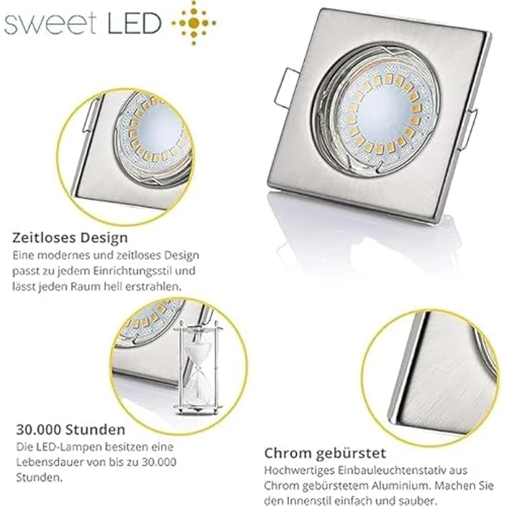 Sweet LED LED Einbaustrahler 10er Set 5W GU10 Deckenspots 230V eckig chrom-gebürstet, LED fest integriert, 3000K-Warmweiß, Deckenspots, Deckenstrahler, Einbauleuchten – Bild 4