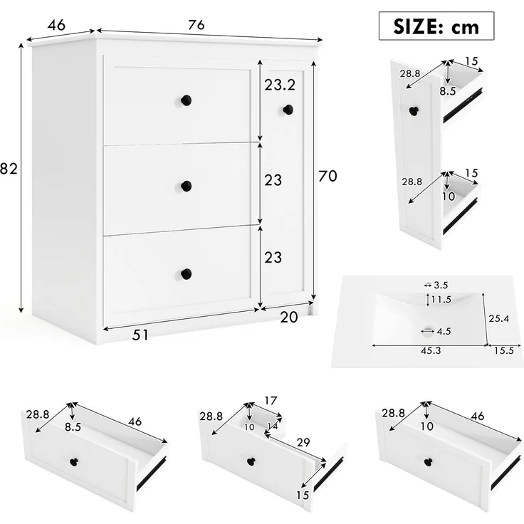 Freistehender Waschtisch 76 x 46 x 82 cm aus MDF mit Keramikbecken und 4 Schubladen – Bild 4