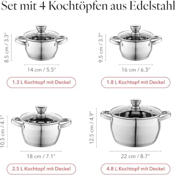 FLORINA Kochtopf Set OLIVER | 4-teilig | Edelstahl 18/0 | Glasdeckel gehärtet | Für Induktion, Gas, Elektro, Ceran | Spülmaschinenfest | Hochwertiges Topfset für jede Küche – Bild 3