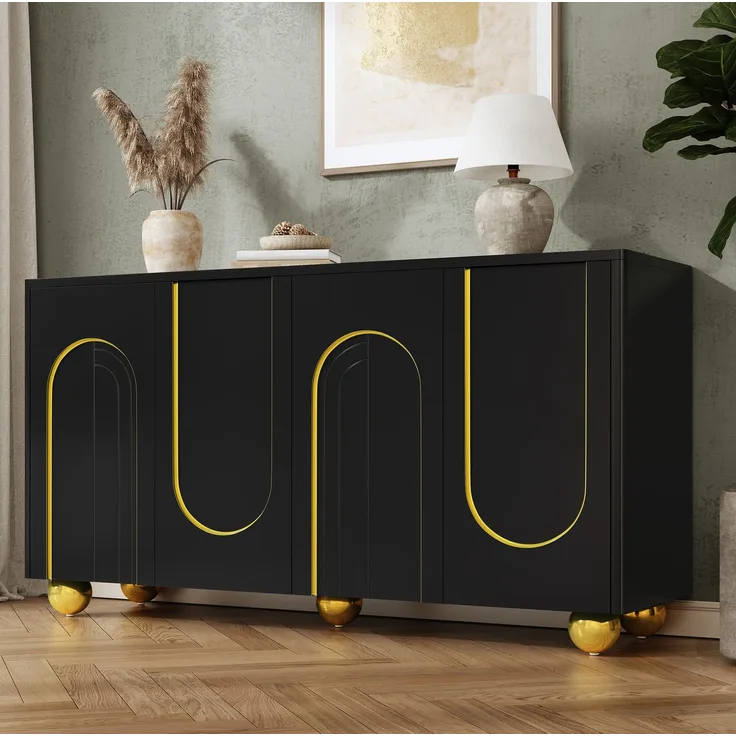 DESVIAE Sideboard Schwarz aus MDF/Spanplatte – 140x74x40 cm – 4 Türen, Gold-Bogendekor