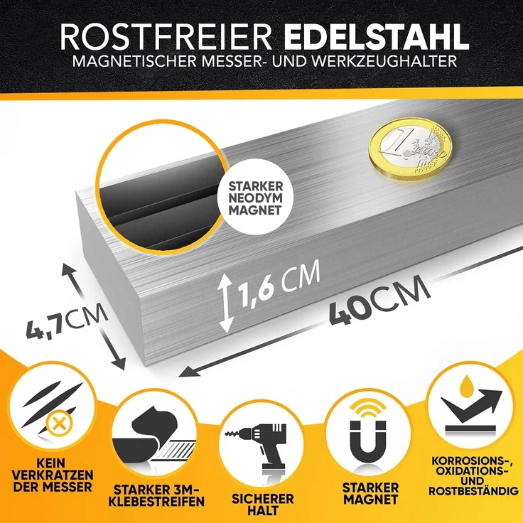 Loco Bird Wand-Magnet Messer-Leiste 40cm Edelstahl - selbstklebend mit 3M VHB Klebeband (1tlg), Magnetische Messerleiste für Küche / Werkzeug - Wandmontage, bohrfrei – Bild 3