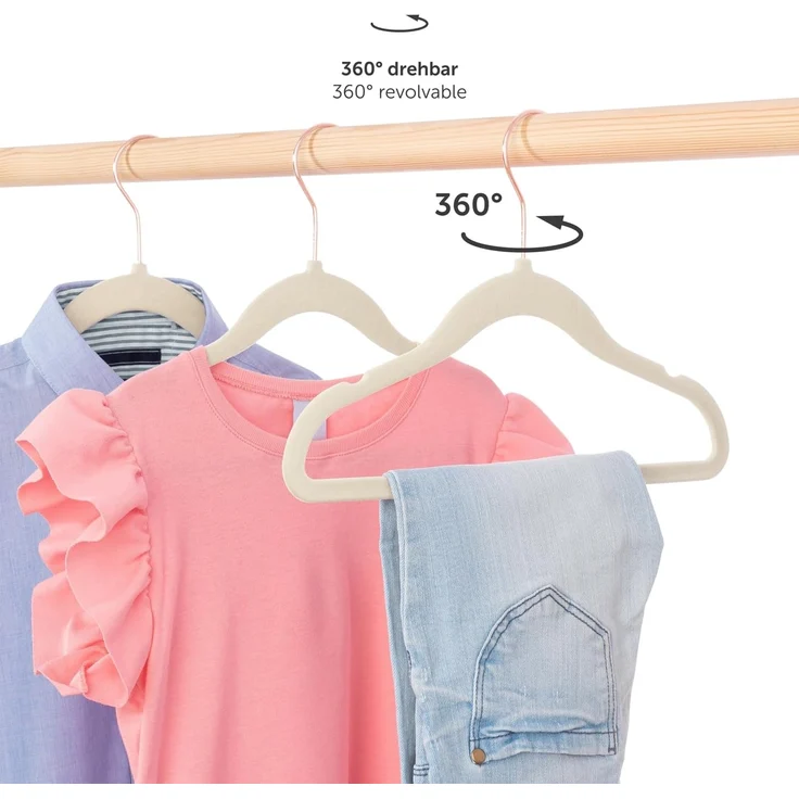 Laleni Kinderkleiderbügel - 50 sensibles protested Kleiderbügel mit Samt Rutschfest - 360° drehbare - Rosegold & Elfenbein – Bild 3