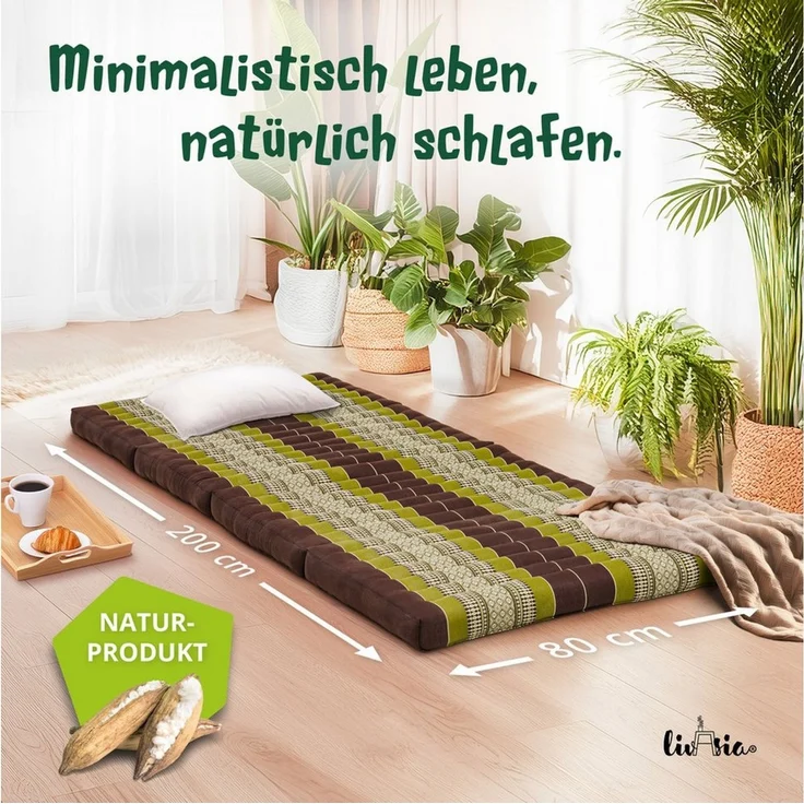 Klappmatratze Faltmatratze 80 cm (Classic) - 200x80x8cm, livasia, 8 cm hoch, Kapok, vegan, handgefertigt – Bild 1