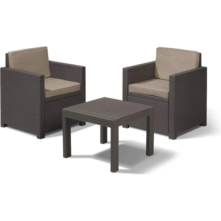 Allibert by Keter Balkonmöbel Set Victoria Balcony, braun/taupe, 3tlg, inkl. Sitz- und Rückenkissen, Kunststoff, flache Rattanoptik