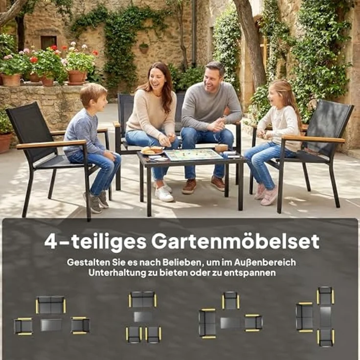 Outsunny Sitzgruppe für 4 Personen mit 2er Sofa Stuhl Beistelltisch, (Gartenlounge, 4-tlg, Gartenmöbel Set), für Garten Balkon Schwarz – Bild 3