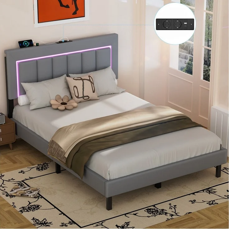 oyajia Polsterbett Polsterbett Doppelbett mit USB+Type C und LED-Beleuchtung (Jugendbett, Bettgestell), 90/140x 200 cm,Gepolstert,Kunstleder,mit Kopfteil und Lamellen – Bild 2