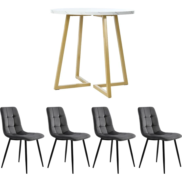 Essgruppe 5-teilig rund Ø80 cm mit modernem Marmortisch & 4 Samtstühlen, elegantes Küchen- und Esszimmer Set – Bild 7