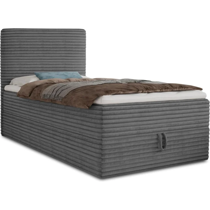 Boxspringbett Mollo Mini mit Bettkasten und Matratzentopper - Einzelbett mit Bonell-Matratze und Topper, Polsterbett in weichem Cordstoff, Bett, Schlafzimmer (Graphit (Tilia 90), 80 x 200 cm) – Bild 1