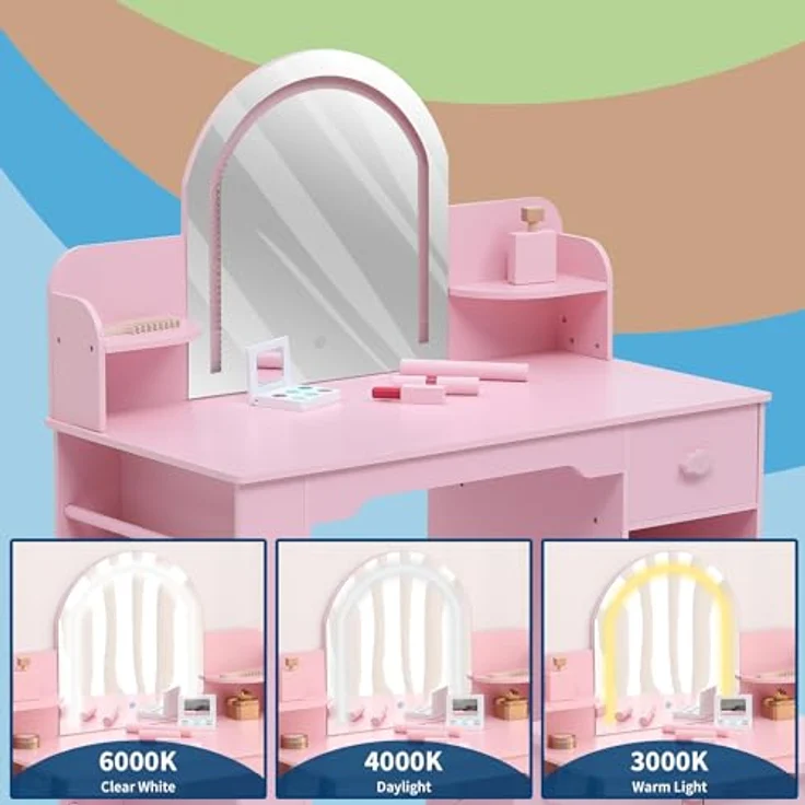 GarveeLife Schminktisch für Kinder mit Hocker und LED-Spiegel, Kleiner Schminktisch mit Schublade und 1 offenen Fächern, für Mädchen von 3 – 6 Jahren, Rosa, inklusive Zubehör – Bild 6