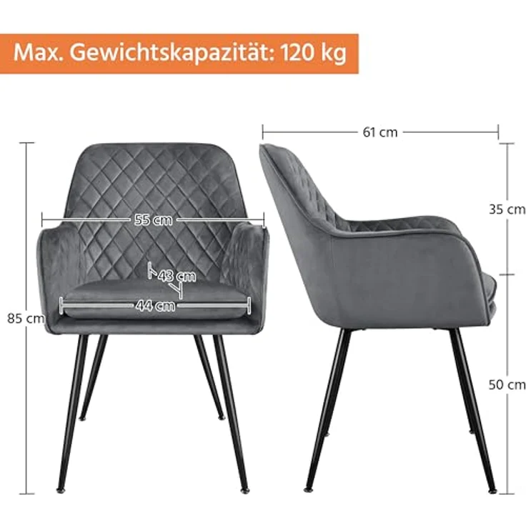 Yaheetech Esszimmerstühle, Sessel, 2er Set, Polsterstühle mit Armlehnen, Metallbeine, Samtbezug, Dunkelgrau, für Arbeitszimmer, Wohnzimmer, Schlafzimmer – Bild 4