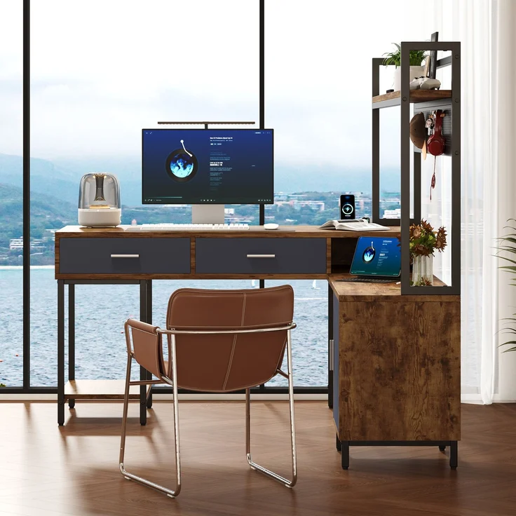 L-förmiger Schreibtisch mit Stauraum & Gitterrückwand, 140x140x135 cm, Schwarz/Naturholz – Bild 1