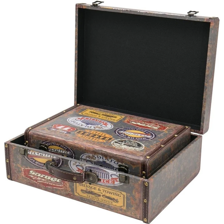HMF Aufbewahrungsbox Vintage Koffer Holz, Aufbewahrungsbox mit Deckel und Ledergriff als (2er Set), Geschenkidee für Hochzeit oder Geburtstag, Garage, 38 + 44 cm – Bild 3
