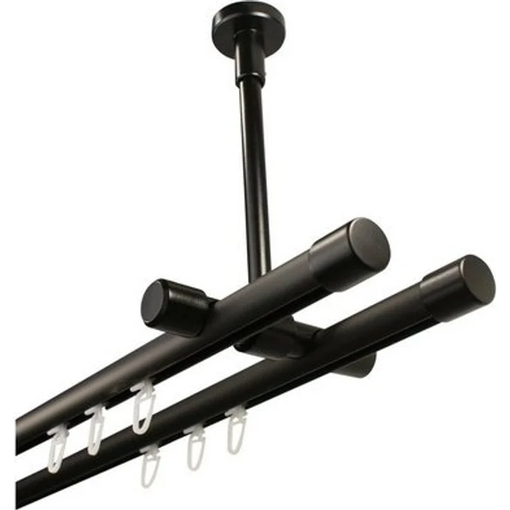iso-design Gardinenstange Innenlauf 2-läufig schwarz Deckenmontage Endstücke Kappe, Ø 20 mm, 2-läufig, Fixmaß, mit Bohren, geschraubt, Metall, Deckenabstand durch Kürzung einstellbar zwischen 7 cm und 19 cm – Bild 4