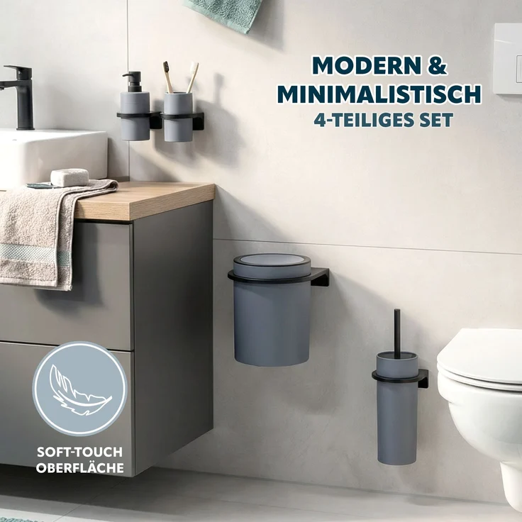bremermann Bad-Accessoires Set SAVONA 4tlg. bestehend aus 1x Seifenspender, 1x Becher, 1x WC-Garnitur, 1x Kosmetikeimer aus Kunststoff in Grau – Bild 2
