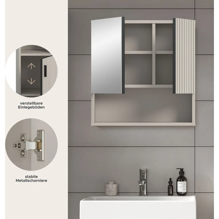 xonox. home – Spiegelschrank Mone 60 x 55 x 17 cm in Kaschmir Nachbildung – Badspiegel mit 1 Spiegeltür, 4 geschlossenen & 1 offenem Fach – Stilvolle Optik, kompakt & eine perfekte Ergänzung für Ihr Bad – Bild 7