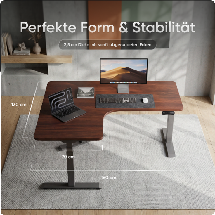 DESKSPACE Eck-Tischplatte, 2,5 cm massiv, Mahagoni, 160x130x70 cm, ideale Holzplatte für Esstisch & höhenverstellbaren Eck-Schreibtisch – Bild 3