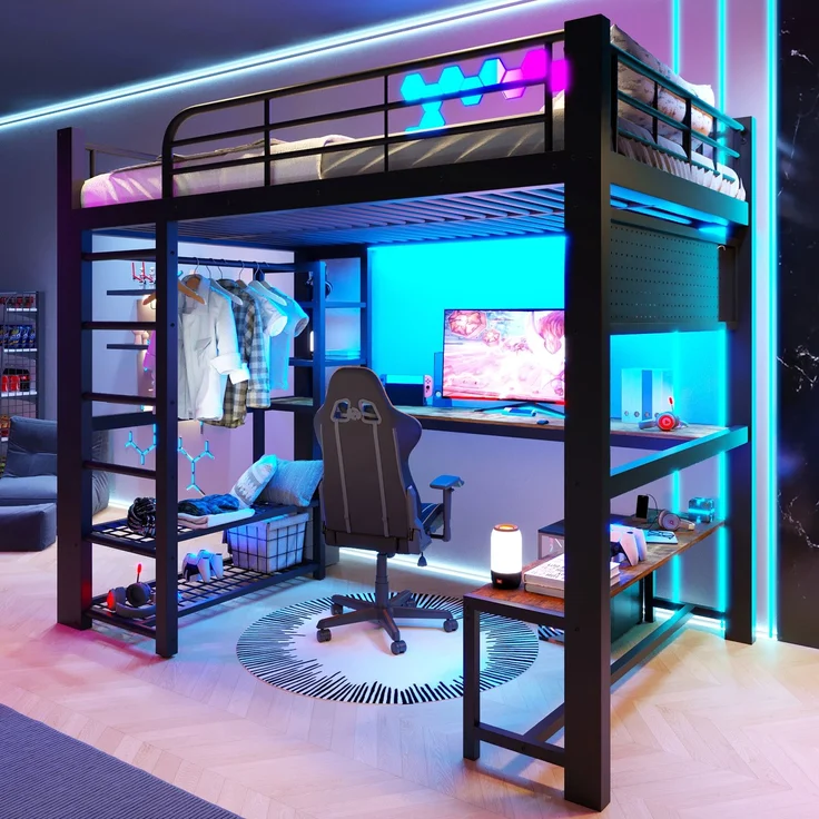 Merax Hochbett, Kinderbett 140×200cm, Jugendbett Gitter zum Aufhängen von Gegenständen, mit LED-Lichtleiste, Ohne Matratze, schwarz – Bild 2
