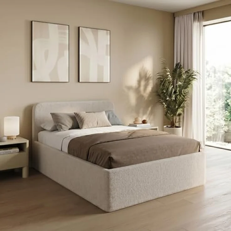 Home Collective Polsterbett mit Stauraum, verstellbarem Lattenrost, Bouclé-Stoff in Creme, viele Größen (100x200 bis 200x200), wählbare Matratze Federkern oder Kaltschaum – Bild 1