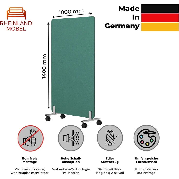 Rheinland Möbel FocusWall STWR1014 – Akustik-Stellwand 1000×1400 mm in Stofffarbe Campeche inkl. Rollen – Mobile Schreibtisch-Trennwand für Büro & Homeoffice – Schallschutz – Made in Germany – Bild 2