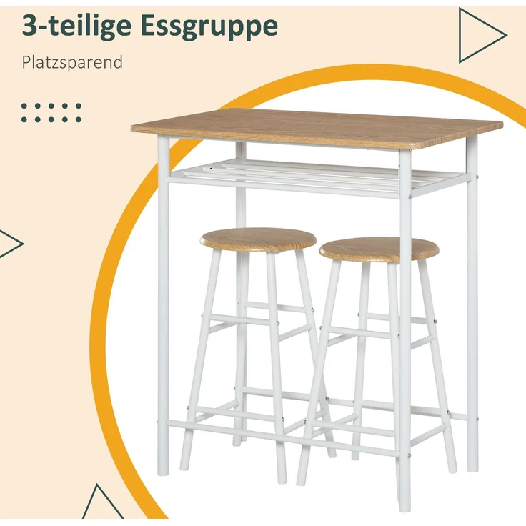 Bartisch Set 3-teilig Esstisch mit 2 Barhocker Essgruppe Küchentisch und Stühle Stehtisch und Barhocker mit Lagerregal MDF-Platte Stahl Weiß+Eiche 80 x 50 x 90 cm--Weiß--80x50x90cm--YOUDENOVA – Bild 4