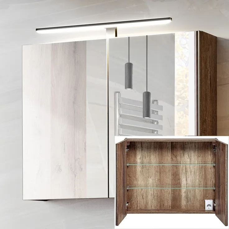 Spiegelschrank 80 cm mit LED-Beluchtung und 2 Türen PUEBLA-56 in Vintage Eiche