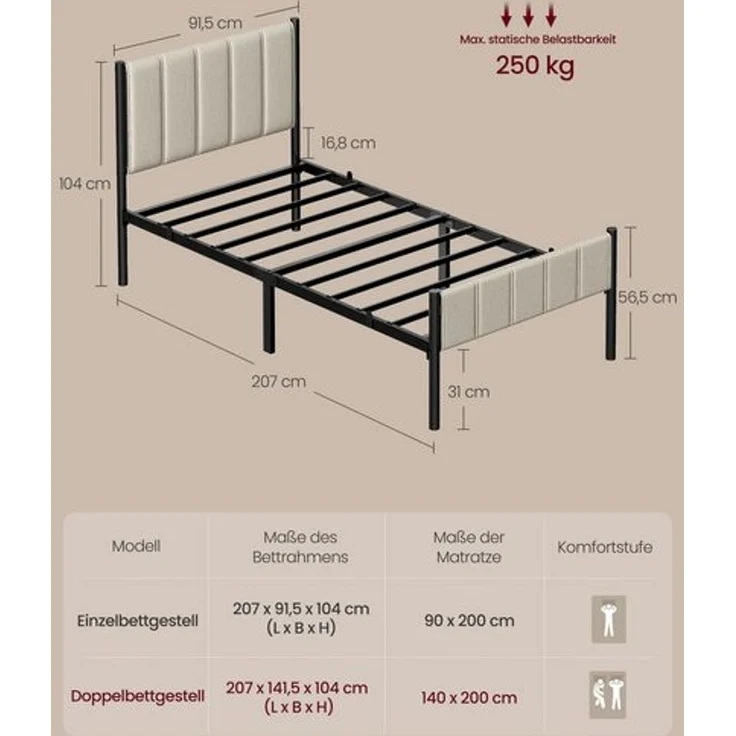 VASAGLE Einzelbettgestell, Bettgestell, 90 x 200 cm, mit gepolstertem Kopfteil, Bettrahmen, Stahl, trägt bis zu 250 kg, einfache Montage, Cappuccino-Beige – Bild 5